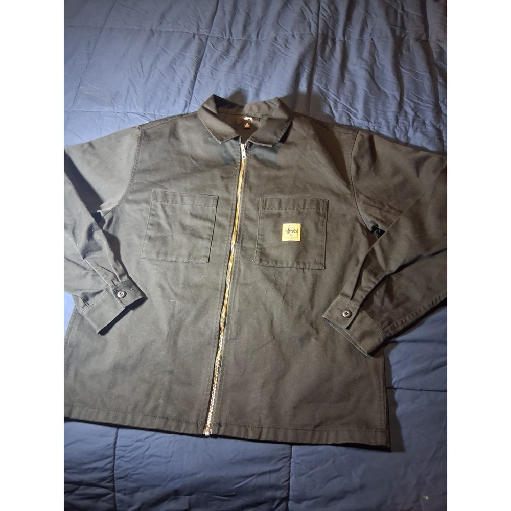 Stussy Jacket mens MEDIUM blue workwear script logo collared bomber Size M